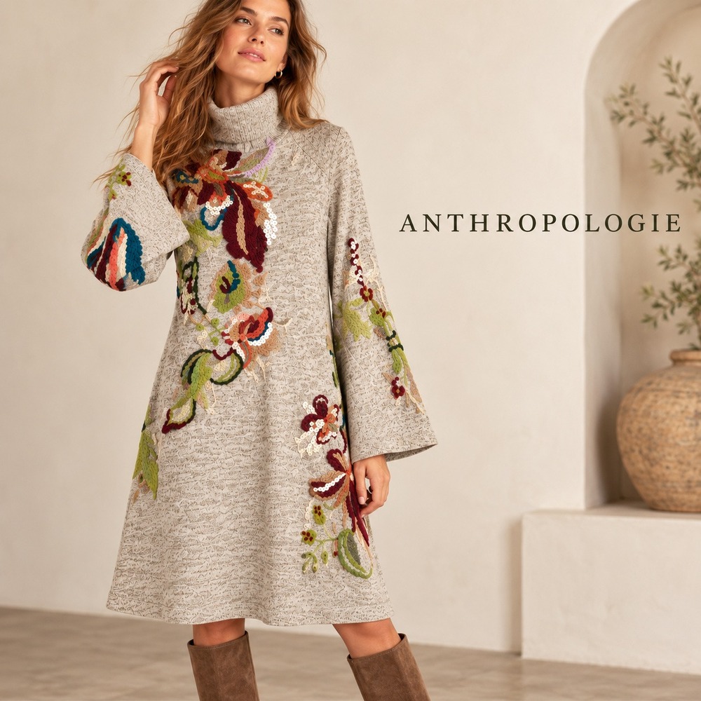 Anthropologie Knitted & Knotted Embroidered Swing Sweater Dress S Sequin NWT